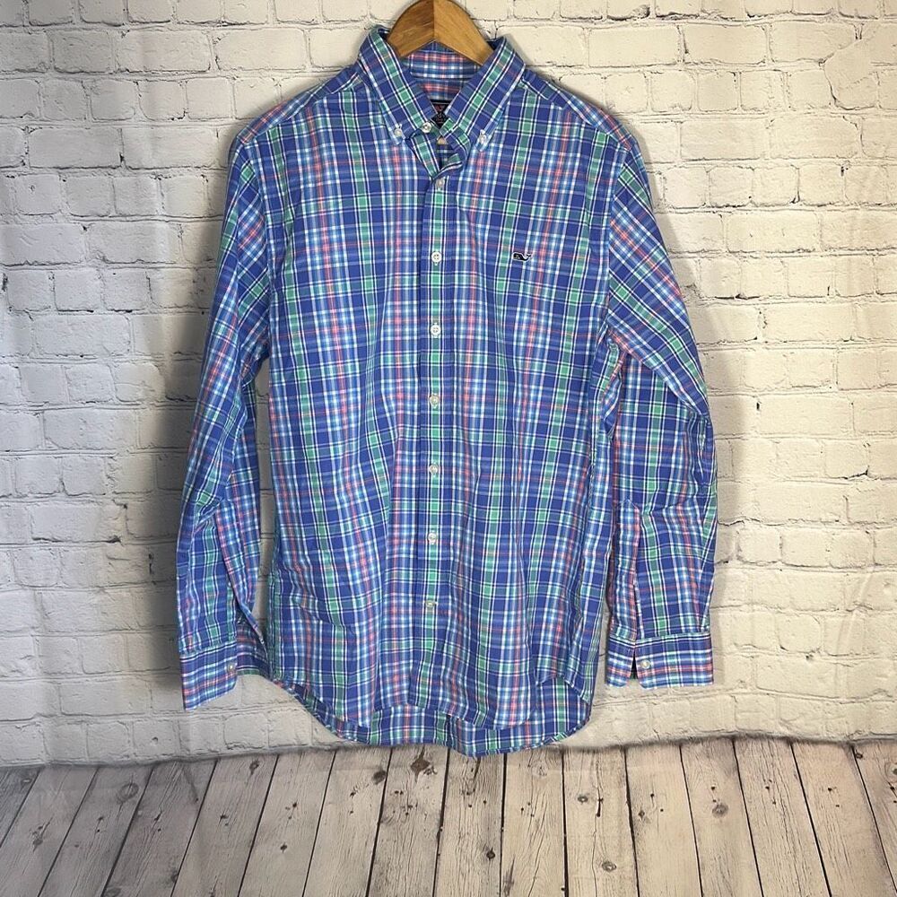 Vineyard Vines Slim Fit Whale Shirt 100% Cotton Long Sleeve Blue Pink Shirt M